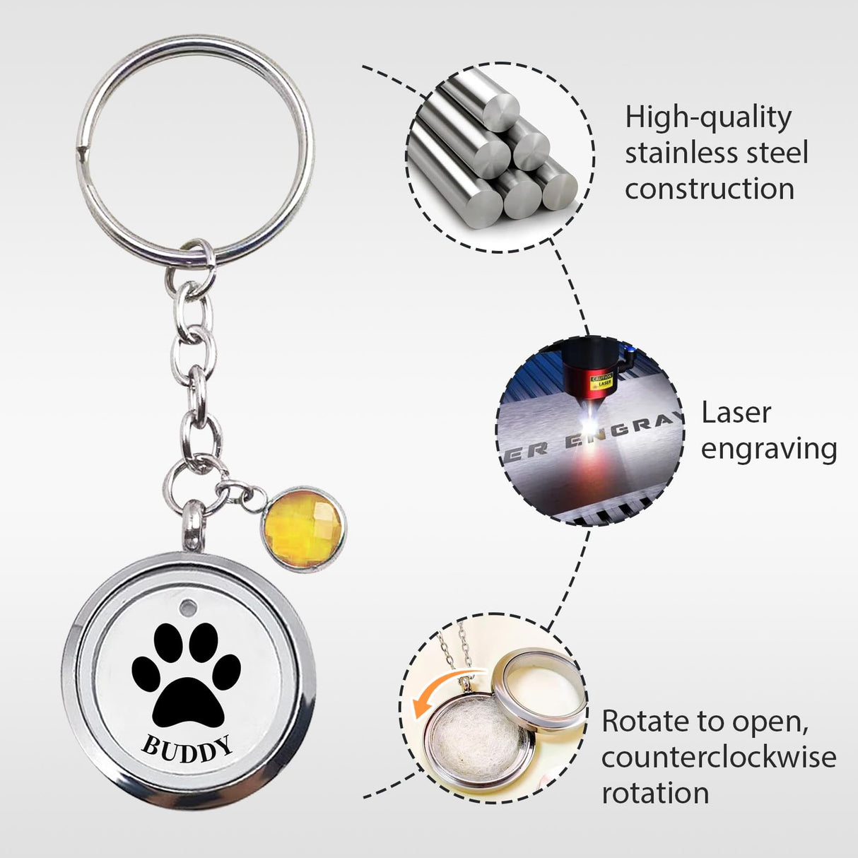 Overket Custom Furever Keychain with Photo & Name, Personalized pet hair keepsake fur locket keychain, Pet Memorial Keepsake Keychain Gifts, Loss of Dog Sympathy Gift (Pet Fur Keepsake) Overket