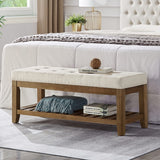24KF Large Rectangular Upholstered Tufted Linen Ottoman Bench, Padded Bench with Solid Wood Shelf-Ivory 24KF