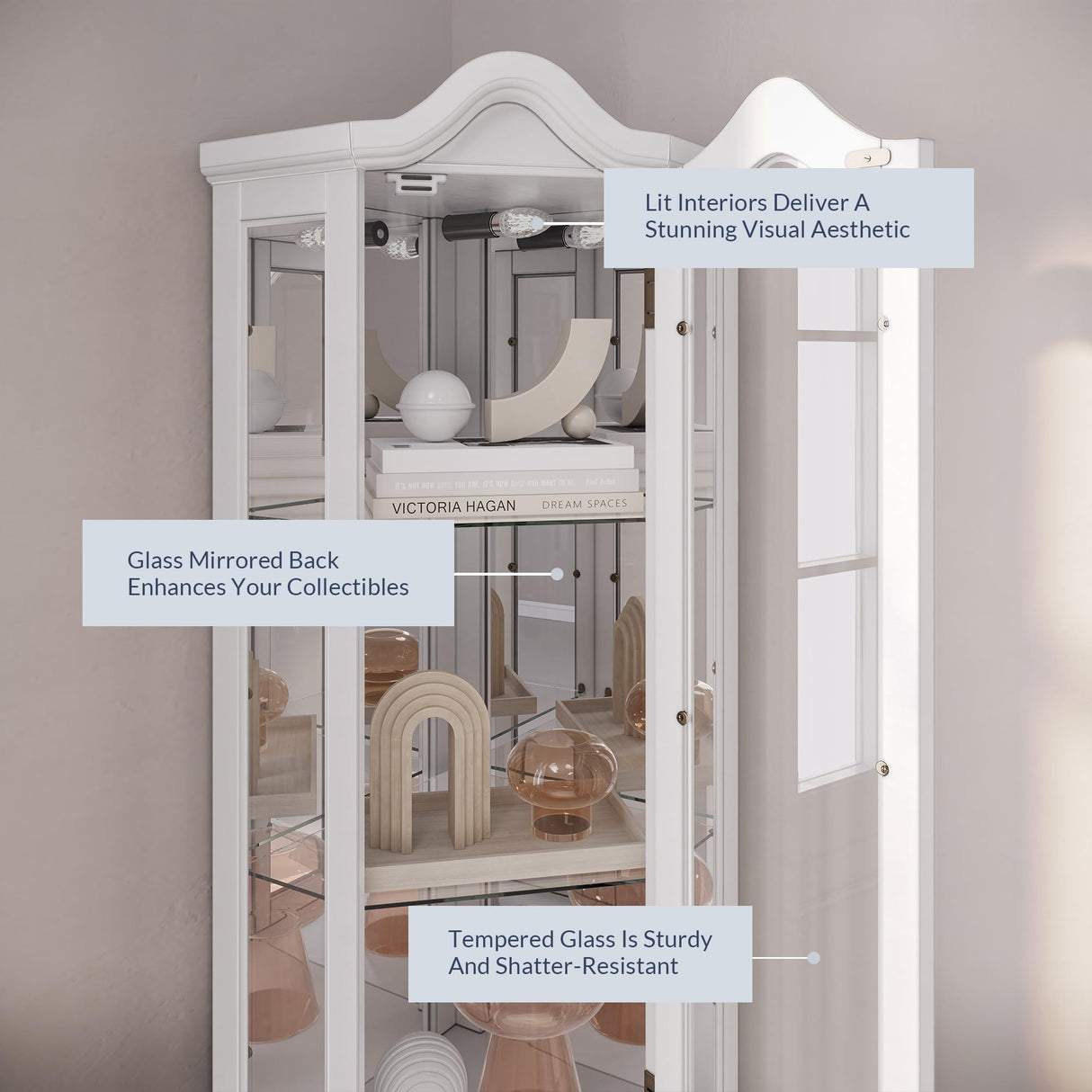 BELLEZE Lighted 3-Side Glass Display Curio Cabinet w/ Tempered Glass Doors and Shelves, Curved Wood Corner Cabinet with Bulb, Corner Storage Rack (White) BELLEZE