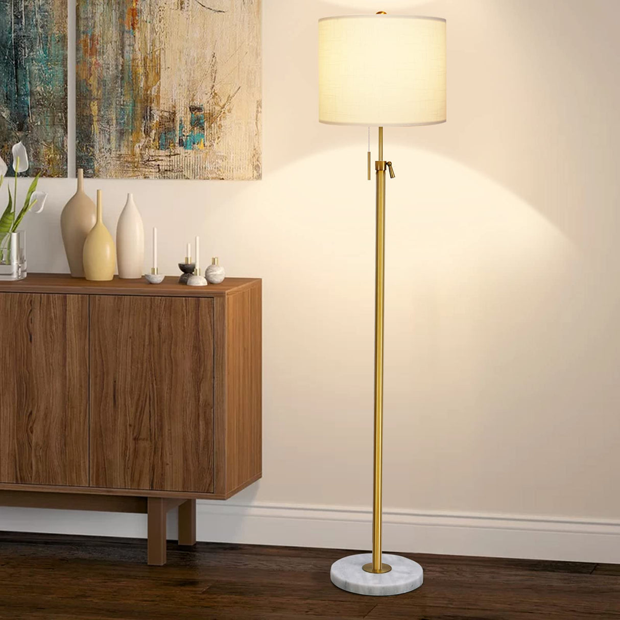 Modern Floor Lamp for Living Room, Adjustable Height Standing Lamp with Marble Base, 3-Way Dimmable Gold Brass Tall Pole Light with White Linen Shade for Reading, Bedroom, Chain Switch, Bulb Included Qingmiao