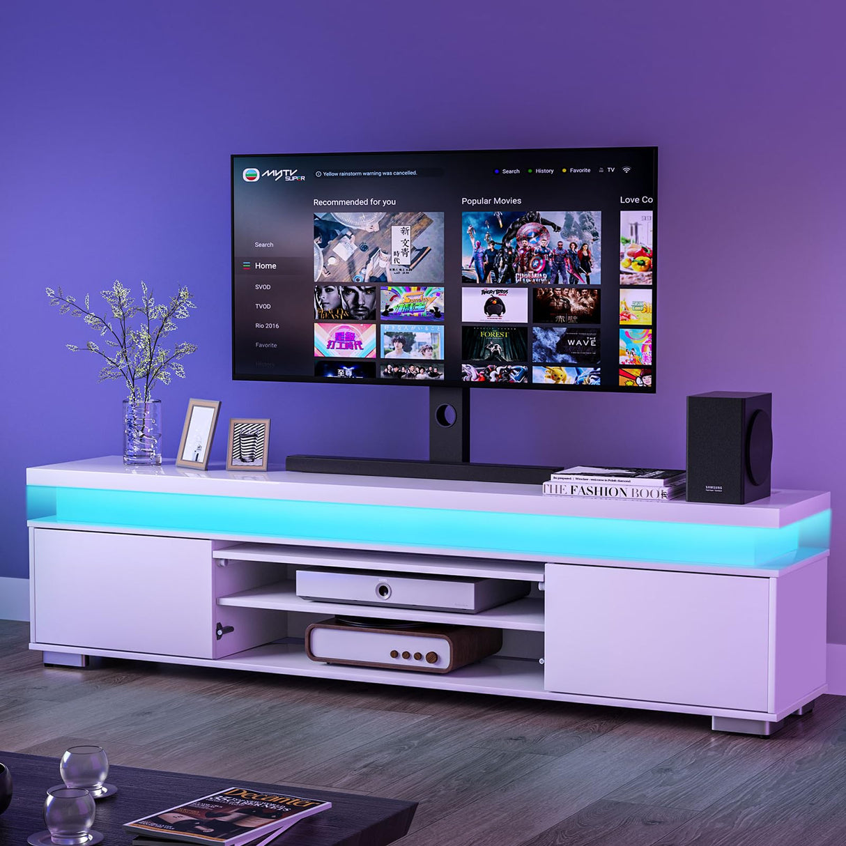 Algglobuy Low TV Stand for TVs up to 80 Inches with LED Lights, Entertainment Center TV Console Table with Storage and Power Outlet, High Gloss TV Stands for Living Room, Bedroom (White) Algglobuy