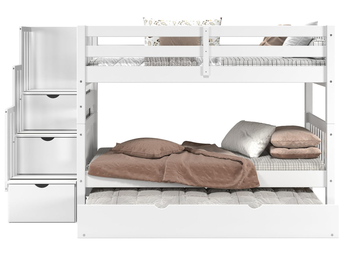 Bedz King Stairway Bunk Beds Twin over Twin with 3 Drawers in the Steps and a Twin Trundle, White Bedz King