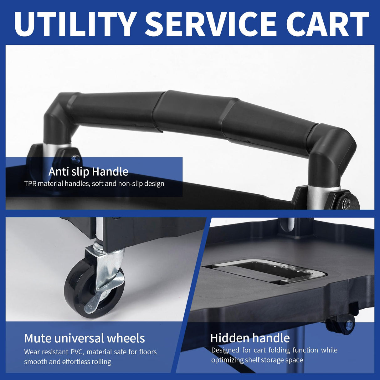 UNICOO® Heavy Duty 3-Tier Collapsible Rolling Cart, Folding Utility Cart, 550lbs Capacity, Lockable & Silent Wheels, Compact & Foldable, Easy Clean & Storage for Restaurant, Office, Garage (Black) UNICOO