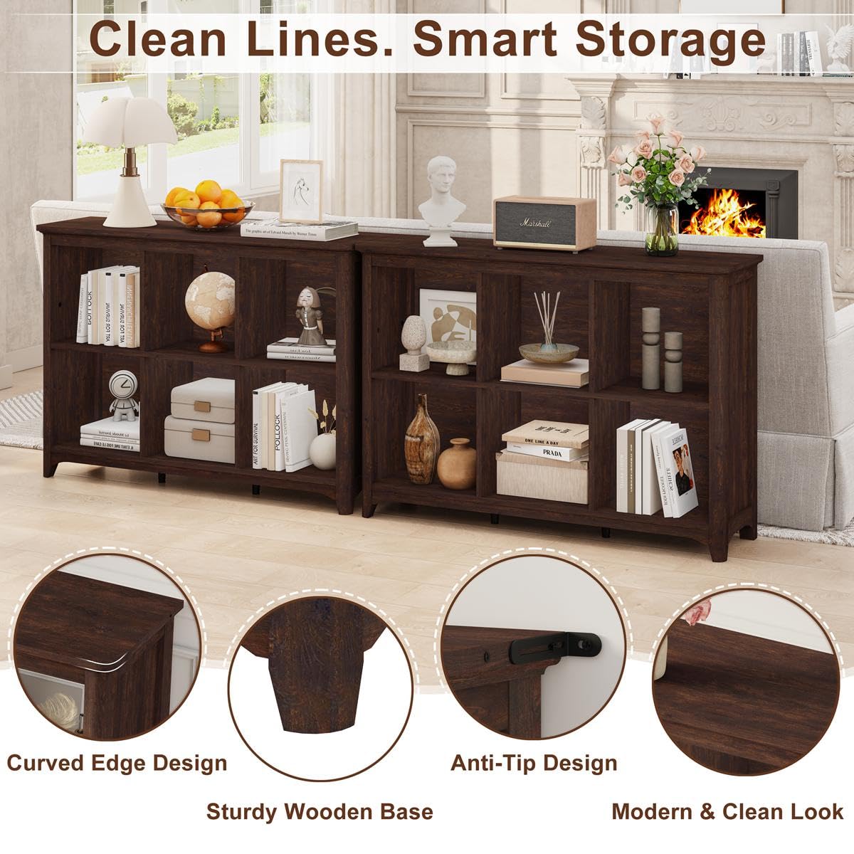 BON AUGURE 6 Cube Storage Bookcase, 43" Wide Horizontal Wooden Bookshelf, Floor Standing Low Book Shelf with Curved Edge for Living Room, Office - Brown Cherry BON AUGURE