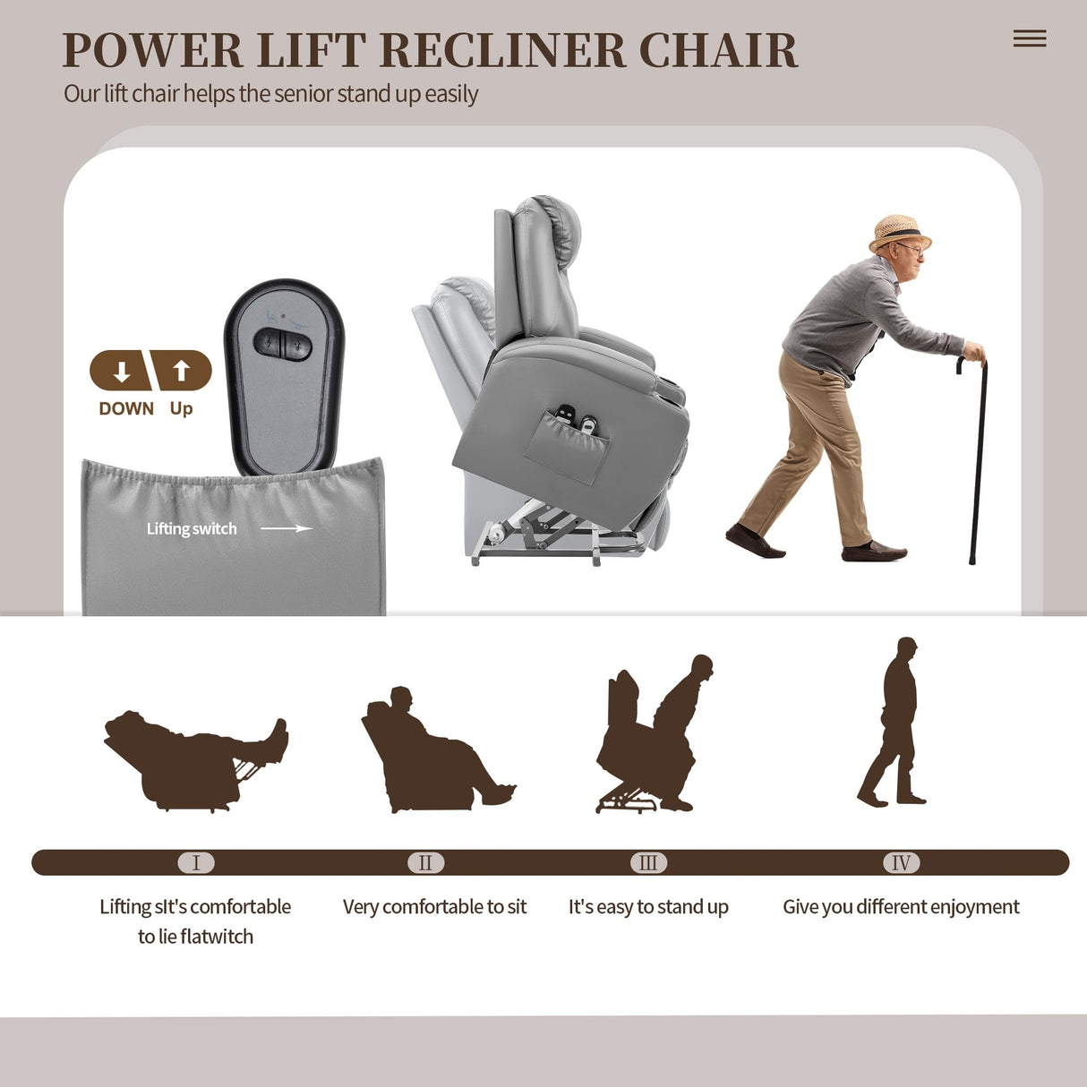 JUMMICO Power Lift Recliner Chair with Massage for Elderly PU Leather Modern Reclining Sofa Chair with Cup Holders, Remote Control, Adjustable Furniture (Gray) JUMMICO