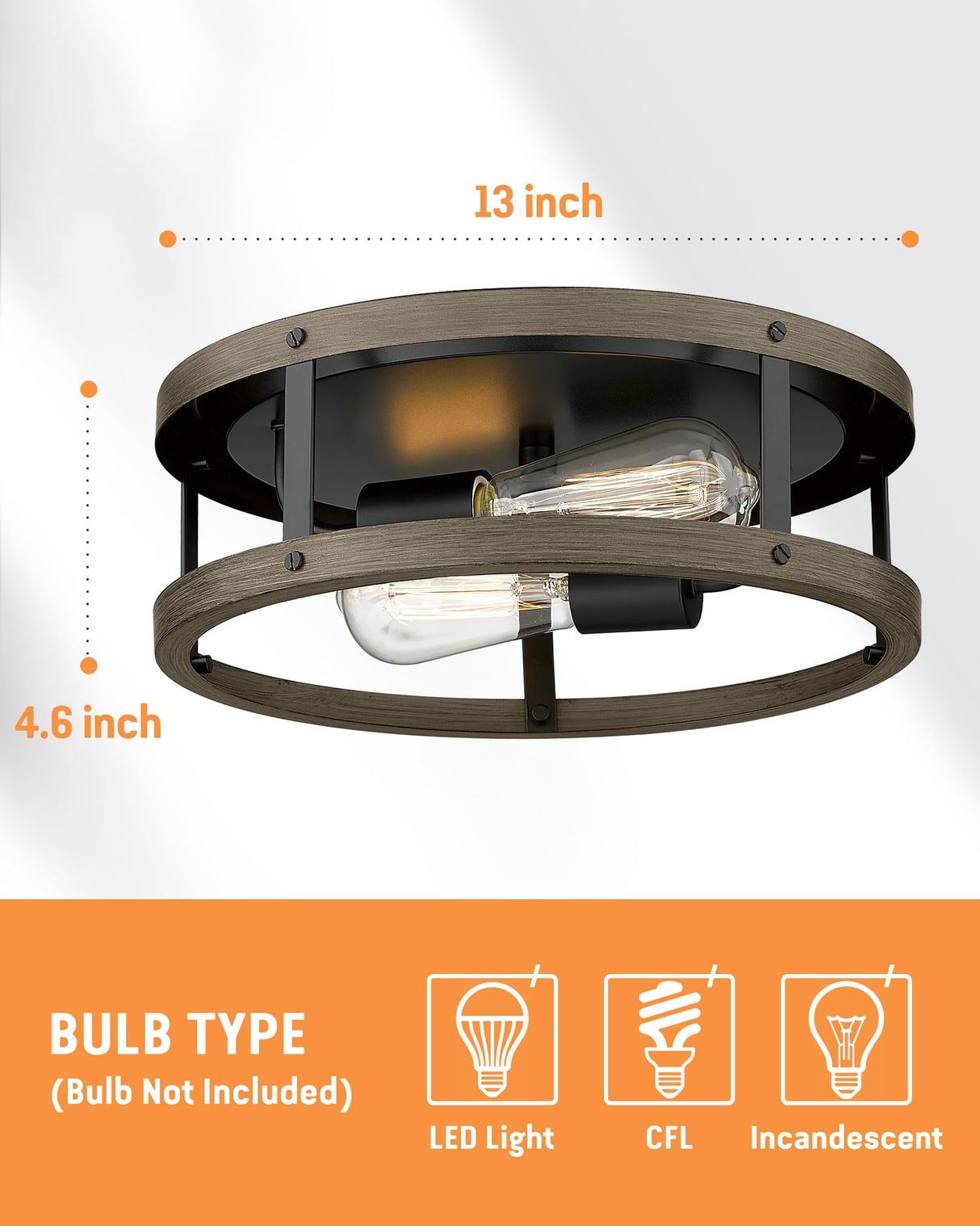 EAPUDUN Farmhouse Ceiling Light, 13‘’ Imitation Wooden Flush Mount Ceiling Light Fixtures, Retro 2-Light Ceiling Lamp for Hallway Entryway Bedroom Kitchen Dining Room FMA1138-FBDT EAPUDUN