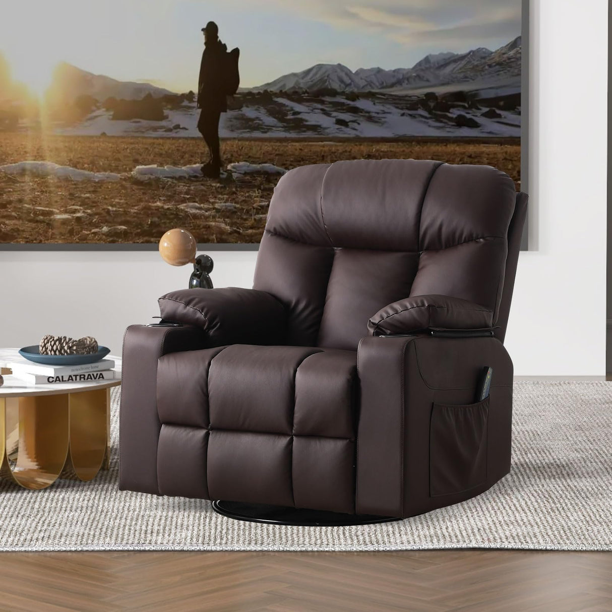 Bonzy Home Swivel Rocker Recliner with Heating and Massage, 40" Manual Rocker Recliner Chair, PU Leather Single Sofa with 2 Cup Holders for Living Room Bedroom, Brown Bonzy Home