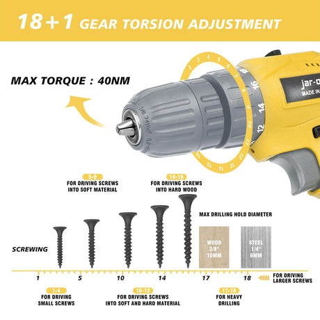 Jar-Owl 21V Cordless Drill Set, 0-1350RMP Variable Speed,350 in-lb Torque,10MM 3/8'' Keyless Chuck, 18+1 Clutch, 1.5Ah Li-Ion Battery & Charger for Home Tool Kit - Black & Yellow jar-owl
