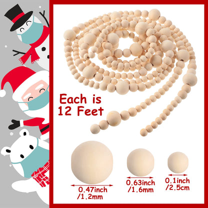 Yinder 4 Pcs 48 Feet Christmas Wooden Beaded Garland 11.8 ft Christmas Tree Garland Beads Farmhouse Rustic Wall Hanging Decor Boho Hanging Decorations for Xmas Holiday Mantel Home Party(Natural)