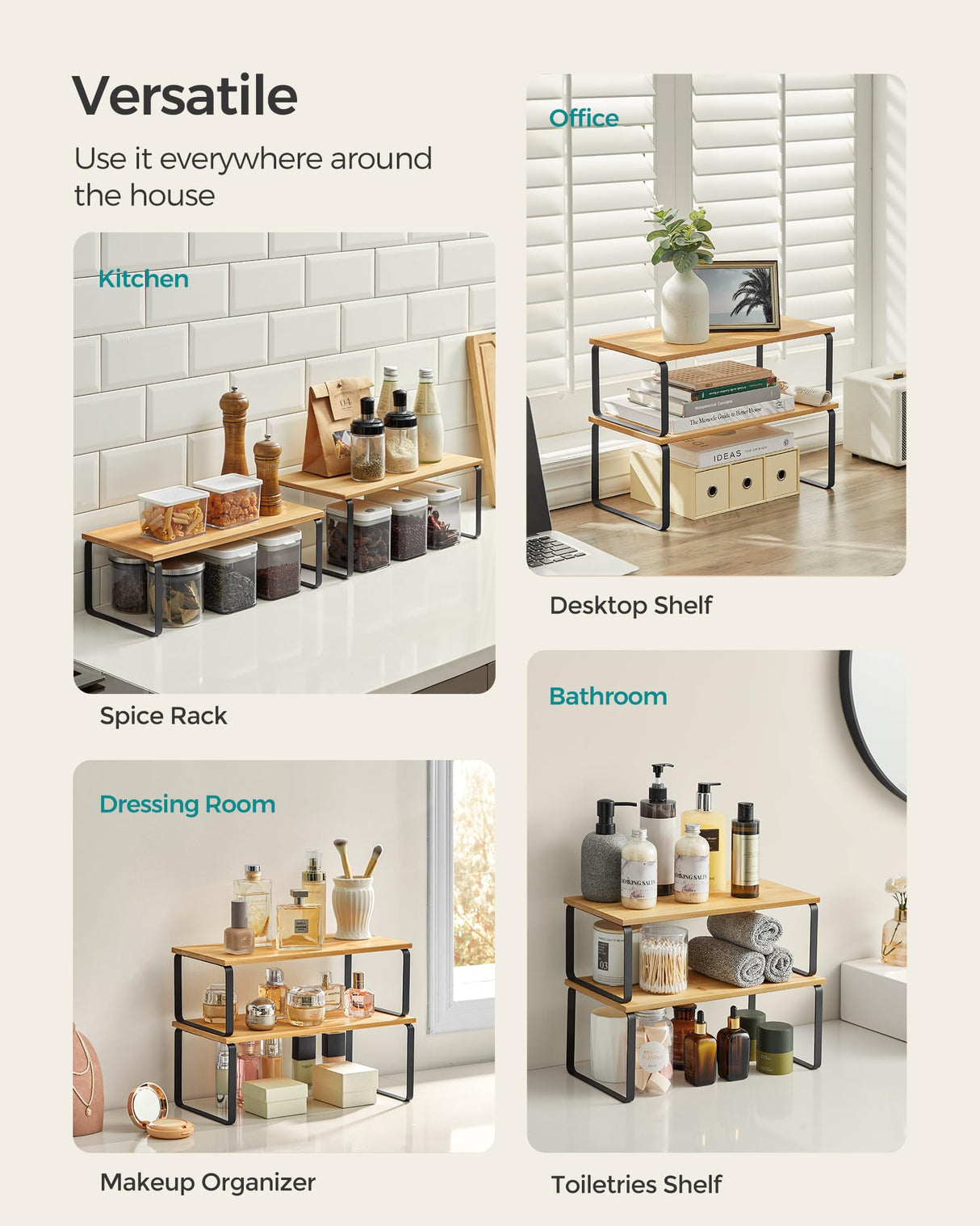 SONGMICS Cabinet Organizer Shelf, Set of 2 Kitchen Counter Shelves, Kitchen Storage, Spice Rack, Stackable, Expandable, Metal and Engineered Wood, Ink Black and Natural Beige UKCS200B01 SONGMICS