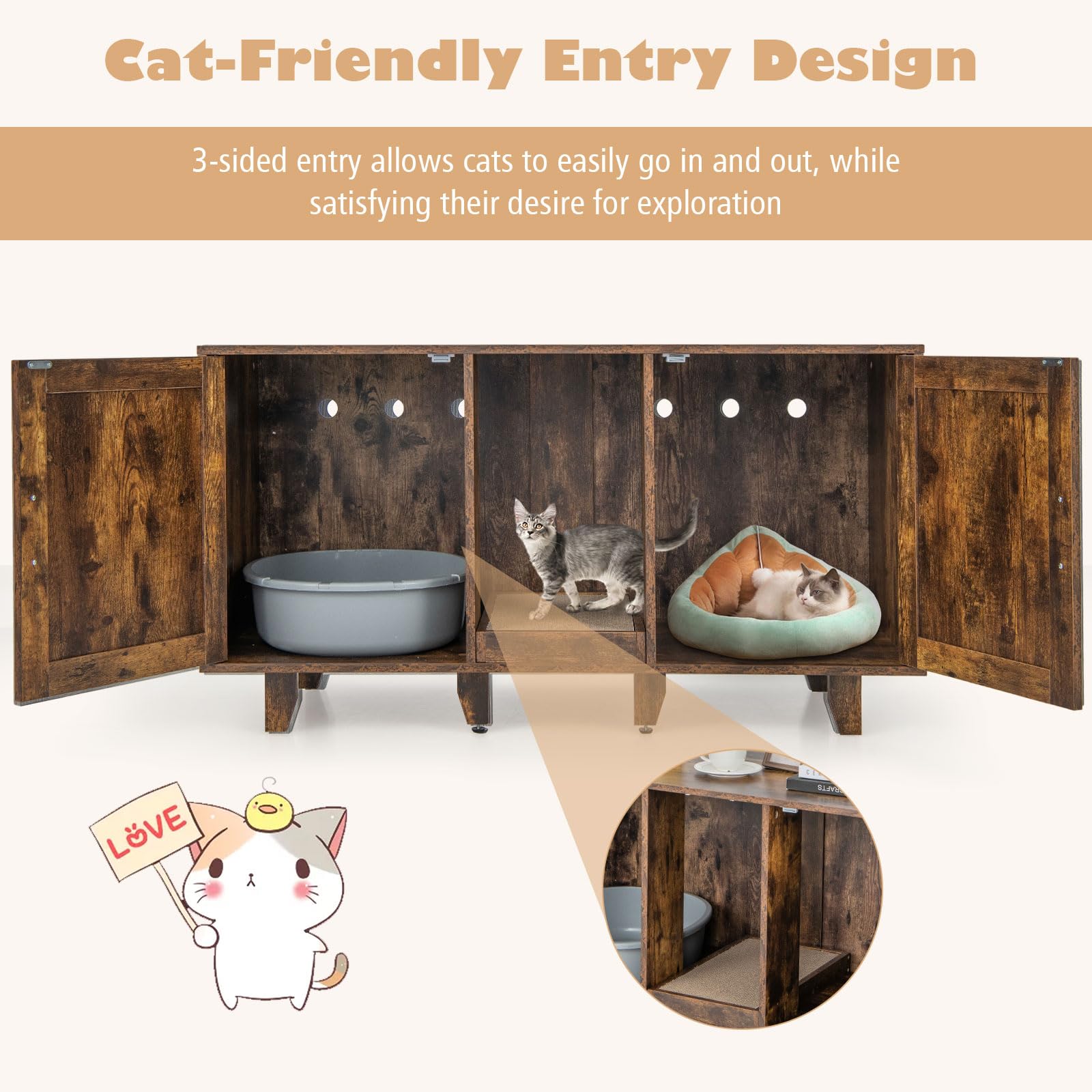 Tangkula Double Cat Litter Box Enclosure for 2 Cats, Large Stackable Hidden Privacy Cat Washroom Cabinet with Scratching Board, Indoor Cat House TV Stand, Litter Box Furniture (Rustic Brown) - WoodArtSupply