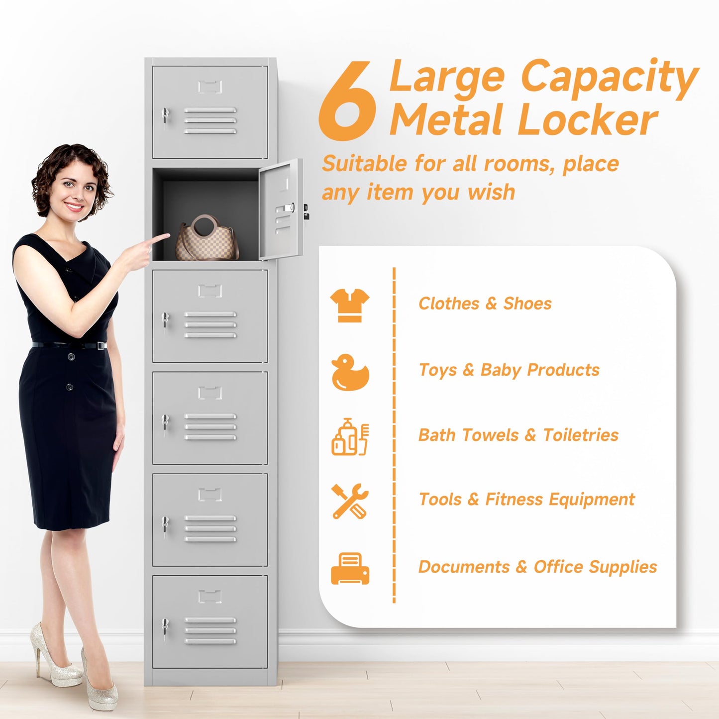 Bestoo Metal Locker with 6 Doors, 71" Tall Storage Locker for Employees, Lockable Locker Cabinets for School, Gym, Home, Office, Garage, Gray - WoodArtSupply