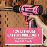 Pink Drill Tool Set Kit: Power Cordless Drill Tool Box with 12V Battery Electric Pink Drill Driver Set for Women Home Hand Repair Tools Sets Drills Case DEKOPRO
