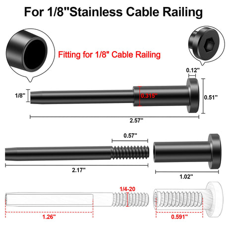 BLIKA 60 Pack 1/8" Black Stainless Steel Invisible Receiver and Swage Stud End for Cable Railing, Deck Stair Threaded End Fitting for Wood & Metal Post, Black Cable Railing Hardware BLIKA
