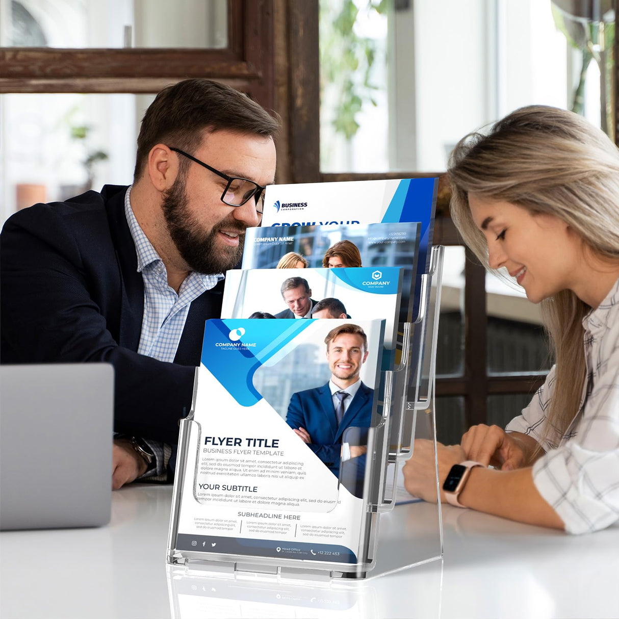 MaxGear Acrylic Brochure Holder 8.5 x 11 inch, 4 Tier Clear Literature Organizer Magazine Stand Display with Removable Divider for 4 x 9 inch Brochures, Pamphlet, Wall Mount or Countertop, 1 Pack MaxGear