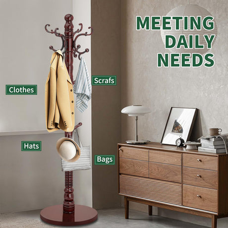 OIRUMIE Wood Coat Rack Stand, Wooden Coat Rack Freestanding with Sturdy Round Base, Coat Racks with 14 Hooks, Natural Birch Wood Entryway Coat Tree Hanger Stand Easy to Assemble OIRUMIE
