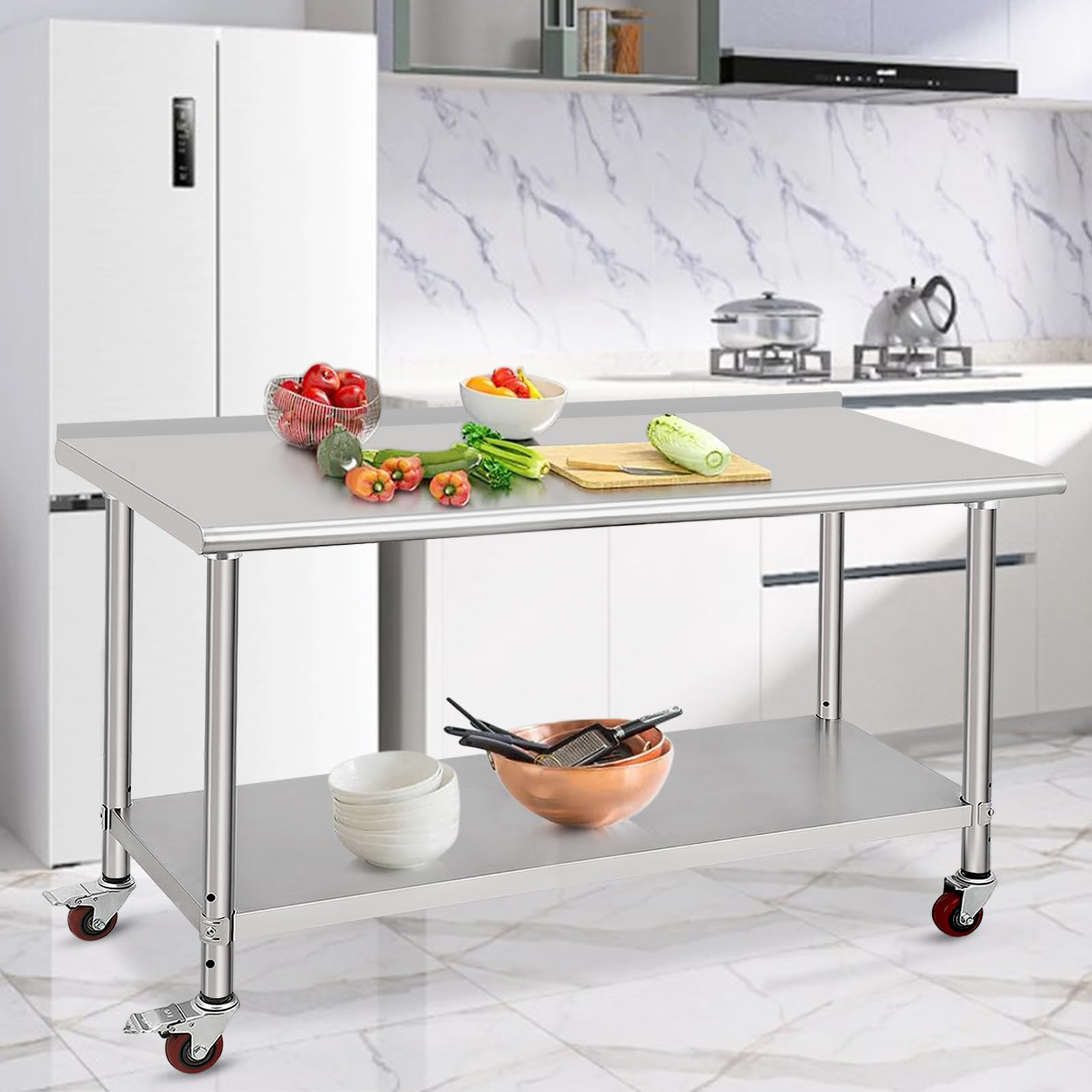 ACONEE 72" x 30" with Caster, Backsplash Stainless Steel Work Table, 72 x 30 Inches, Silver - WoodArtSupply