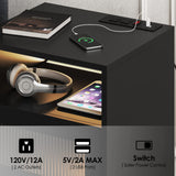 Saudism Black Nightstand with Charging Station, End Table with Glass Drawers, Night Stand with LED Lights, Wood Bedside Tables for Bedroom, 15.7”×13.7”×23.8” Saudism