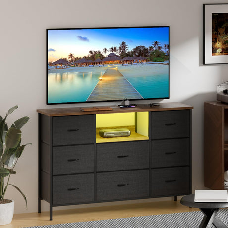 VASICAR Black Dresser with LED Lights & Power Outlets, Dresser TV Stand with 8 Drawers for 55" TV, Fabric Chest of Drawers for Bedroom, Living Room, Entryway VASICAR