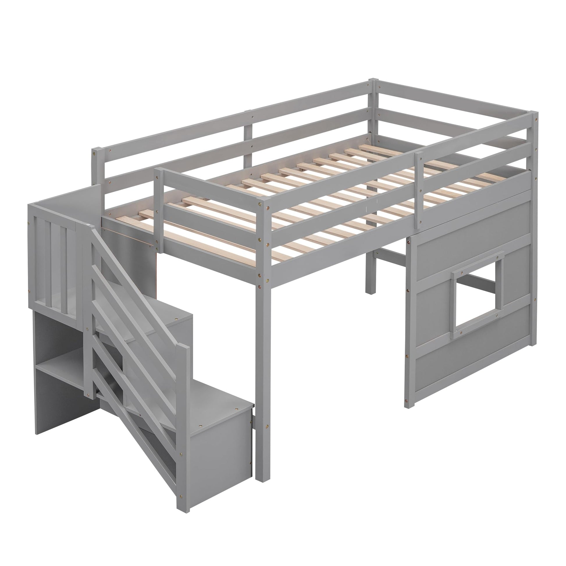 Favfurish Twin Size Grey Loft Bed with Storage Staircase and Playful Window Design - WoodArtSupply