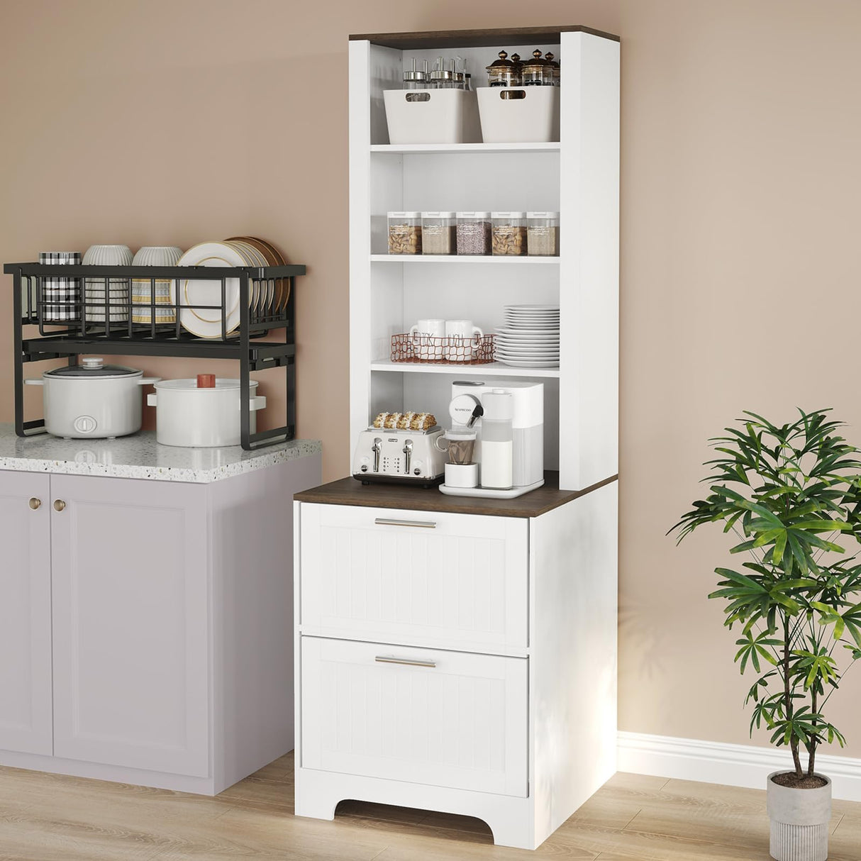 Garvee Bookcase with 2 File Drawers, 72in Tall Farmhouse Storage Cabinet Wooden Bookshelf with 2 Adjustable Shelves for Living Room Office Garvee