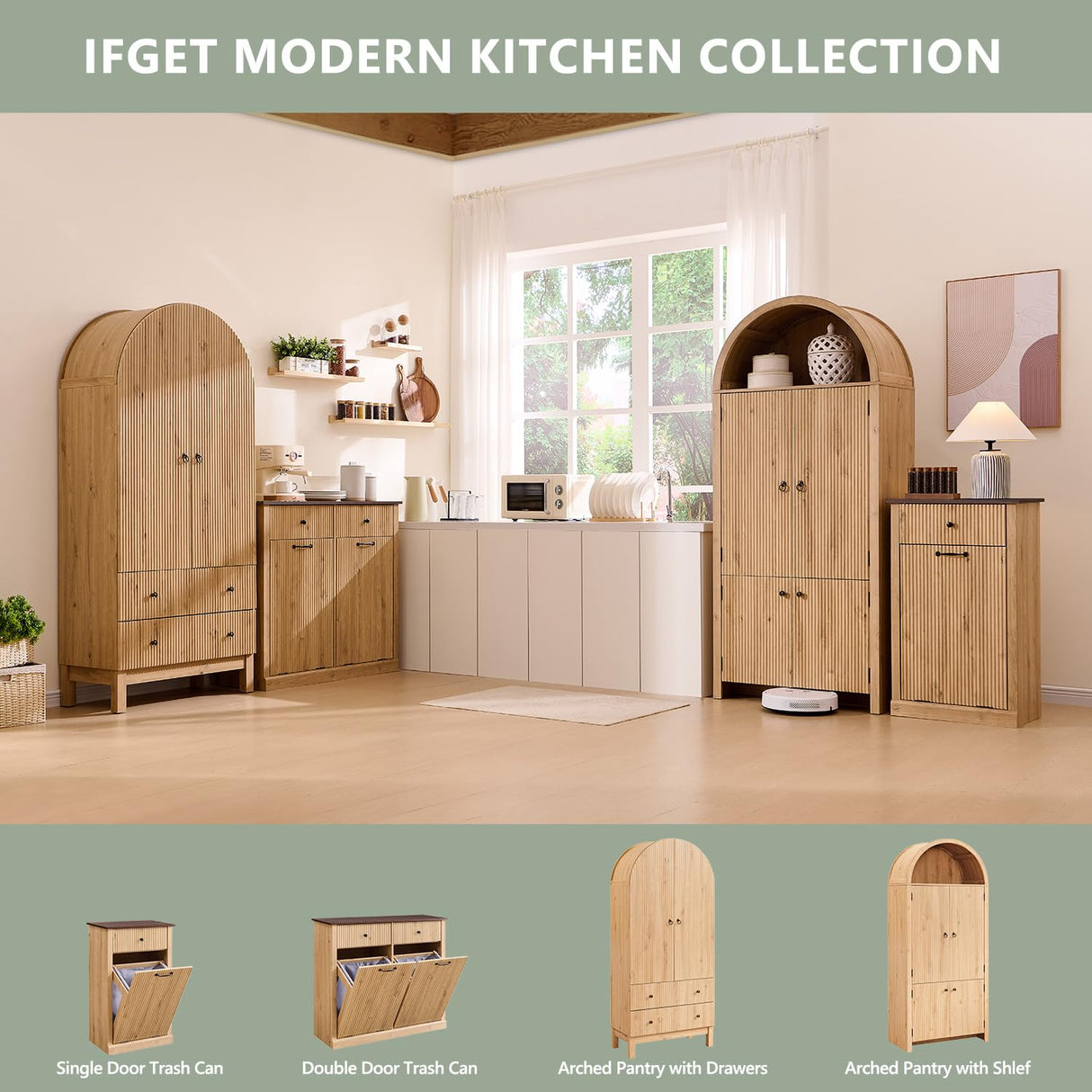 IFGET Modern Double Tilt-Out Trash Cabinet, 20 Gallon Fluted Laundry Hamper Cabinet with 2 Drawers, Wooden Hidden Garbage Can Cabinet with Storage Basket for Kitchen & Living Room, Natural Oak IFGET