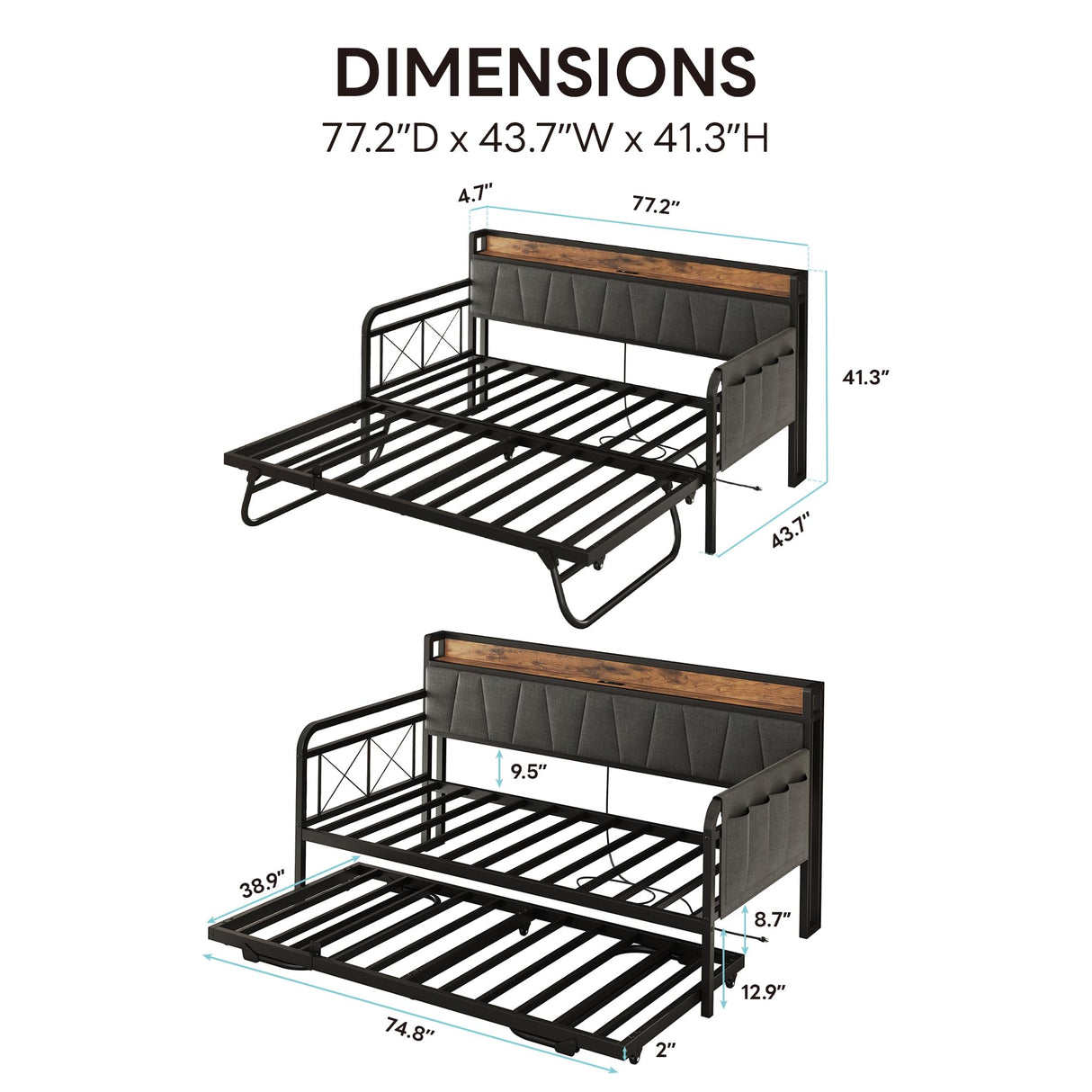 LIKIMIO Daybed with Trundle Bed, Twin Bed Frame with Storage Headboard and Charging Station, Sofa Day Bed with Strong Supports for Living Room, Bedroom, and Guest Room, Grey LIKIMIO