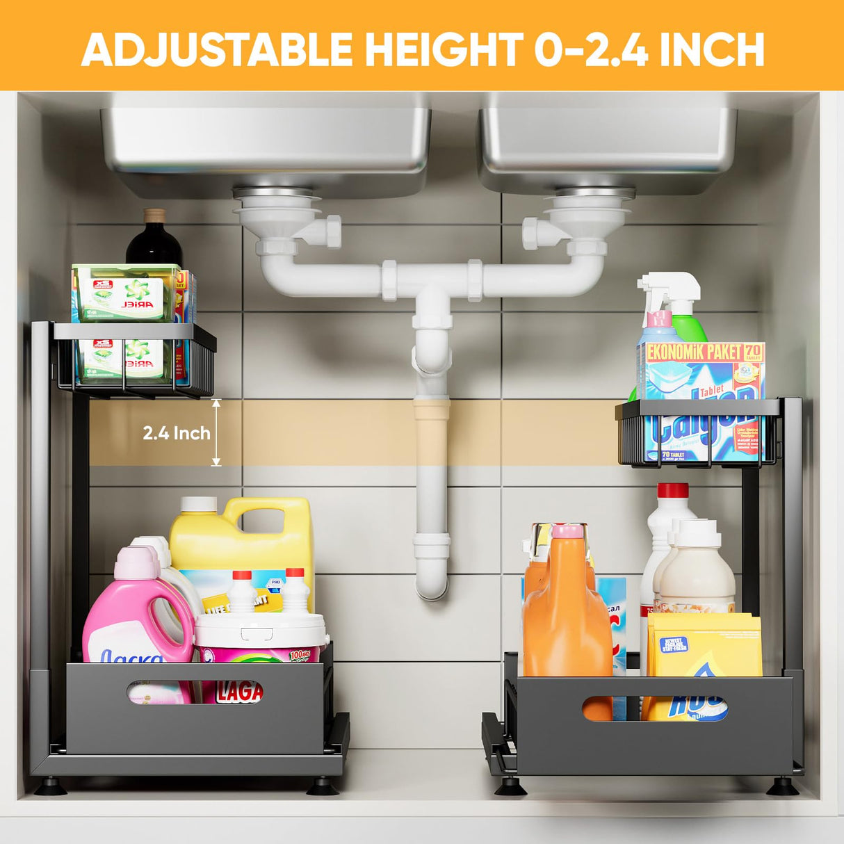 2 Pack Under Sink Organizer Storage 2-Tier Premium Metal Pull-Out Racks, Height Adjustable, Easy Installation | Kitchen & Bathroom Organizers Saydear