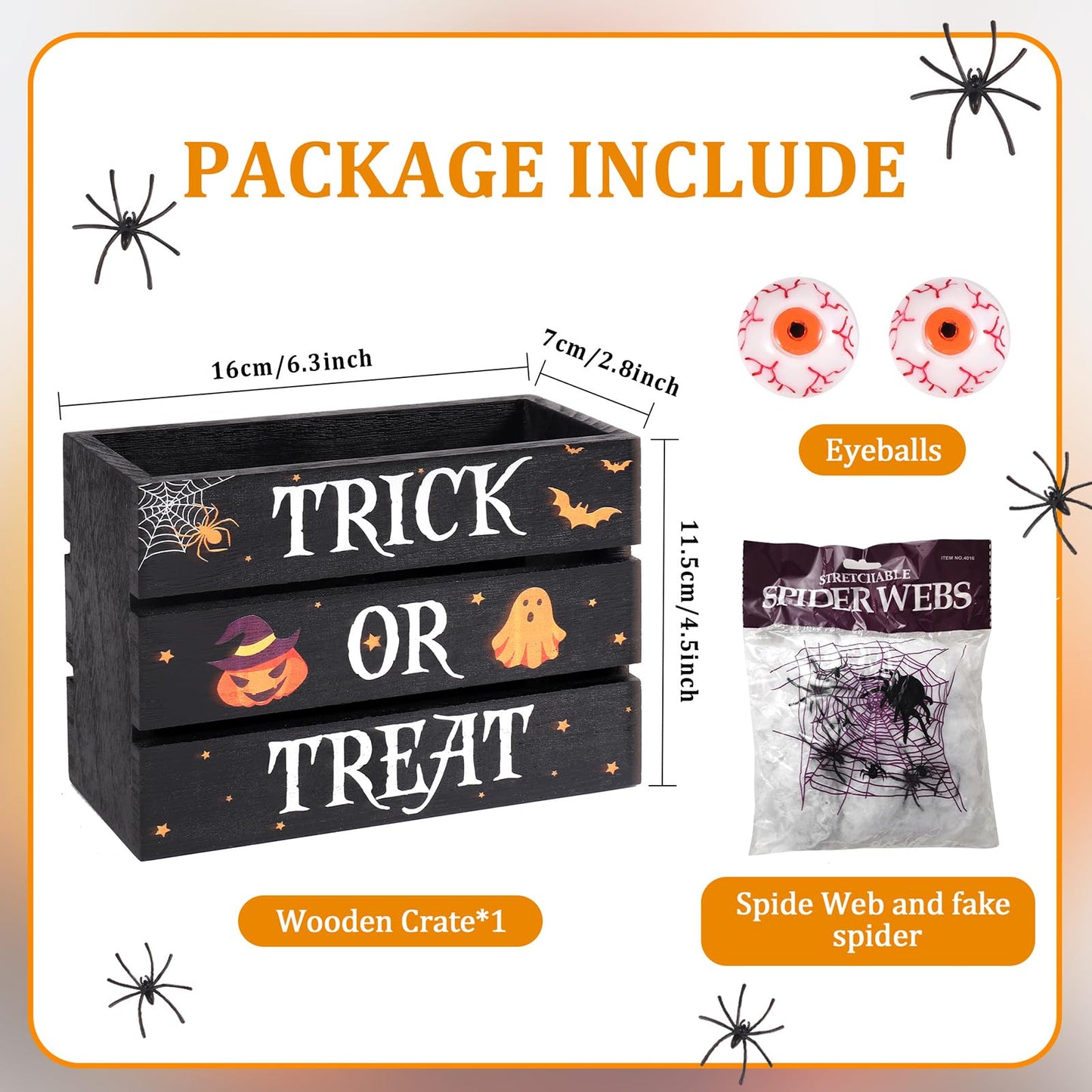 Halloween Mini Trick or Treat Wooden Crate, Decorative Wood Crates Box Wooden Storage Box with Spider Cotton 6 Spider and 2 Eyeballs for Tiered Tray Shelf Table Kitchen Home Halloween Decor