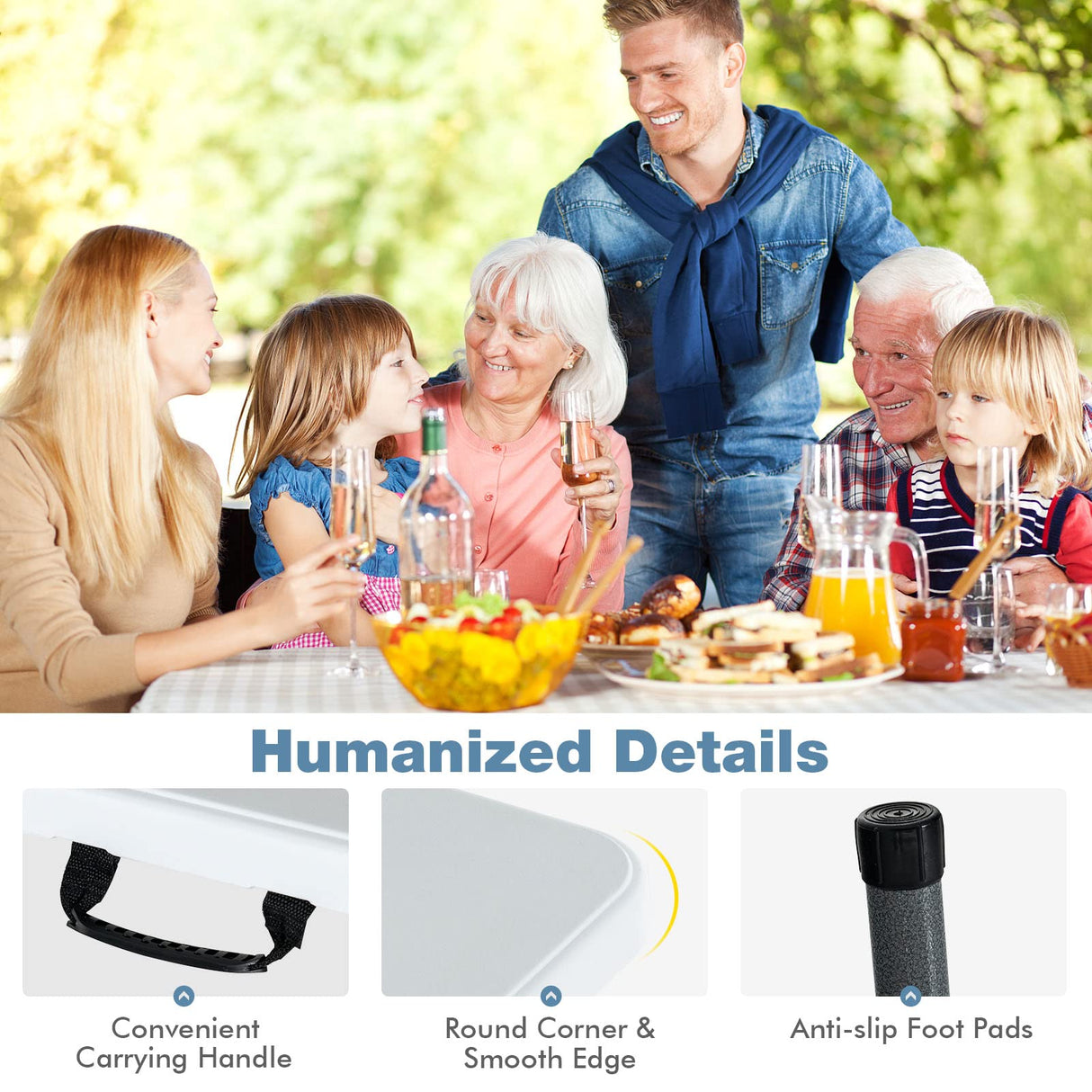 Nightcore, White 6', Indoor Outdoor Utility Portable Picnic Party Dining Camp Rounded Corners & Handle, Plastic HDPE Folding Table GLACER