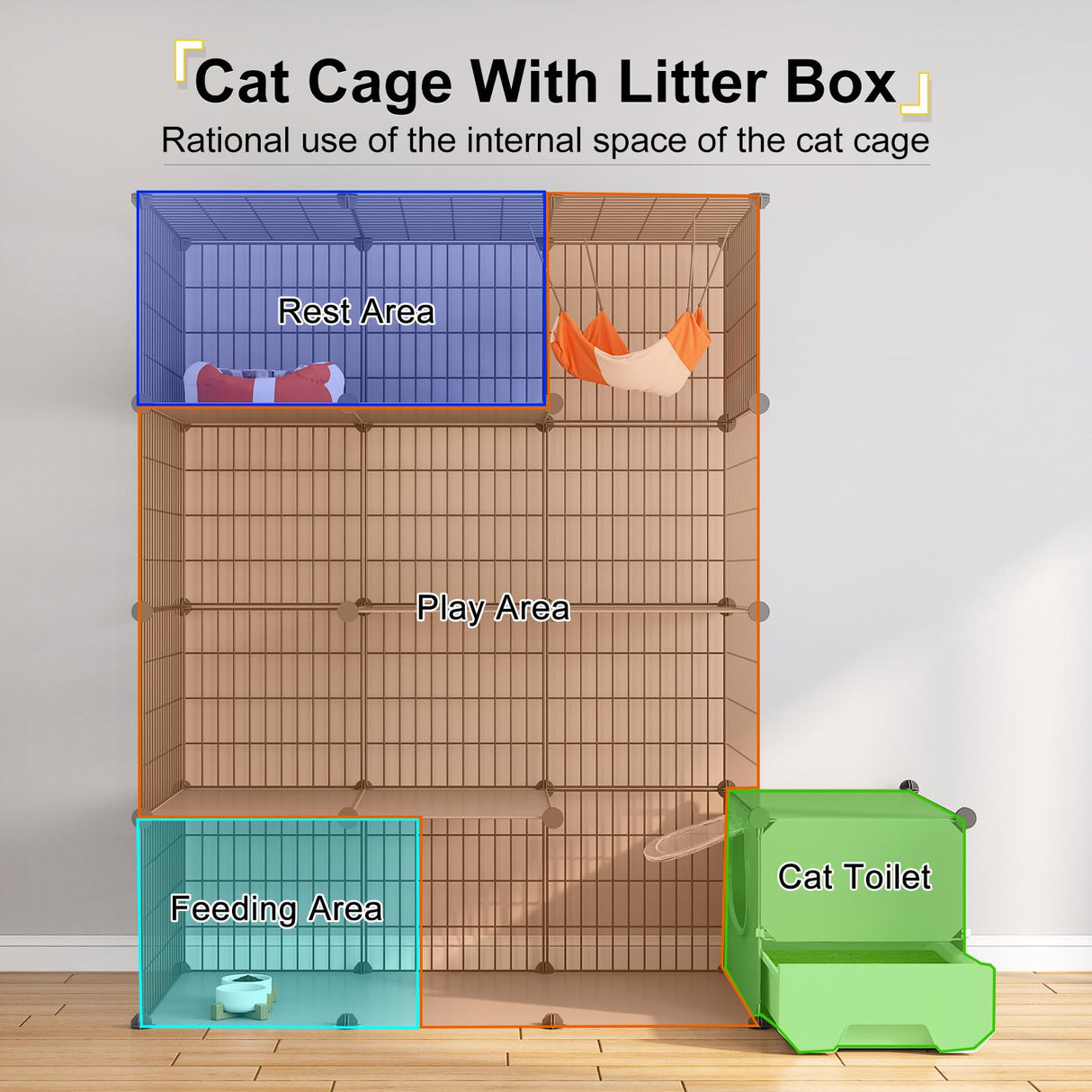Oneluck Cat Cage with Litter Box,4-Tier DIY Cat Enclosures Large Playpen Detachable Metal Wire Kennel Indoor Crate Large Exercise Place Ideal for 1-2 Cat Oneluck
