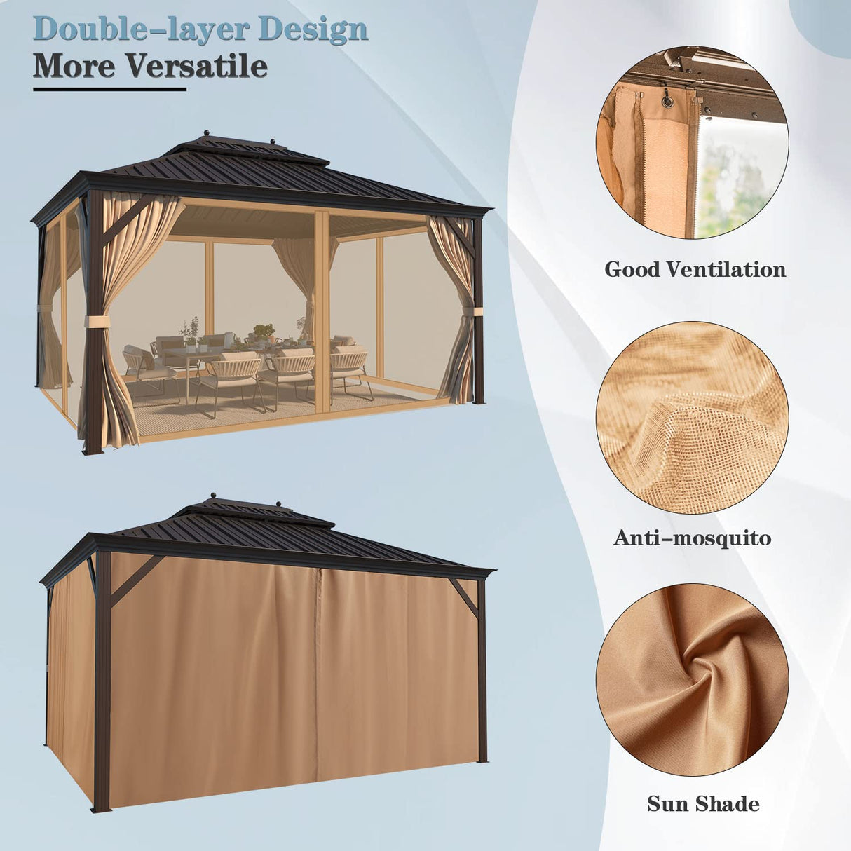 MELLCOM 10' x 12' Hardtop Gazebo, Brown Permanent Pavilion Gazebo with Curtains and Netting, Galvanized Steel Metal Double Roof Aluminum Gazebo with Aluminum Frame for Patio, Lawn & Garden MELLCOM