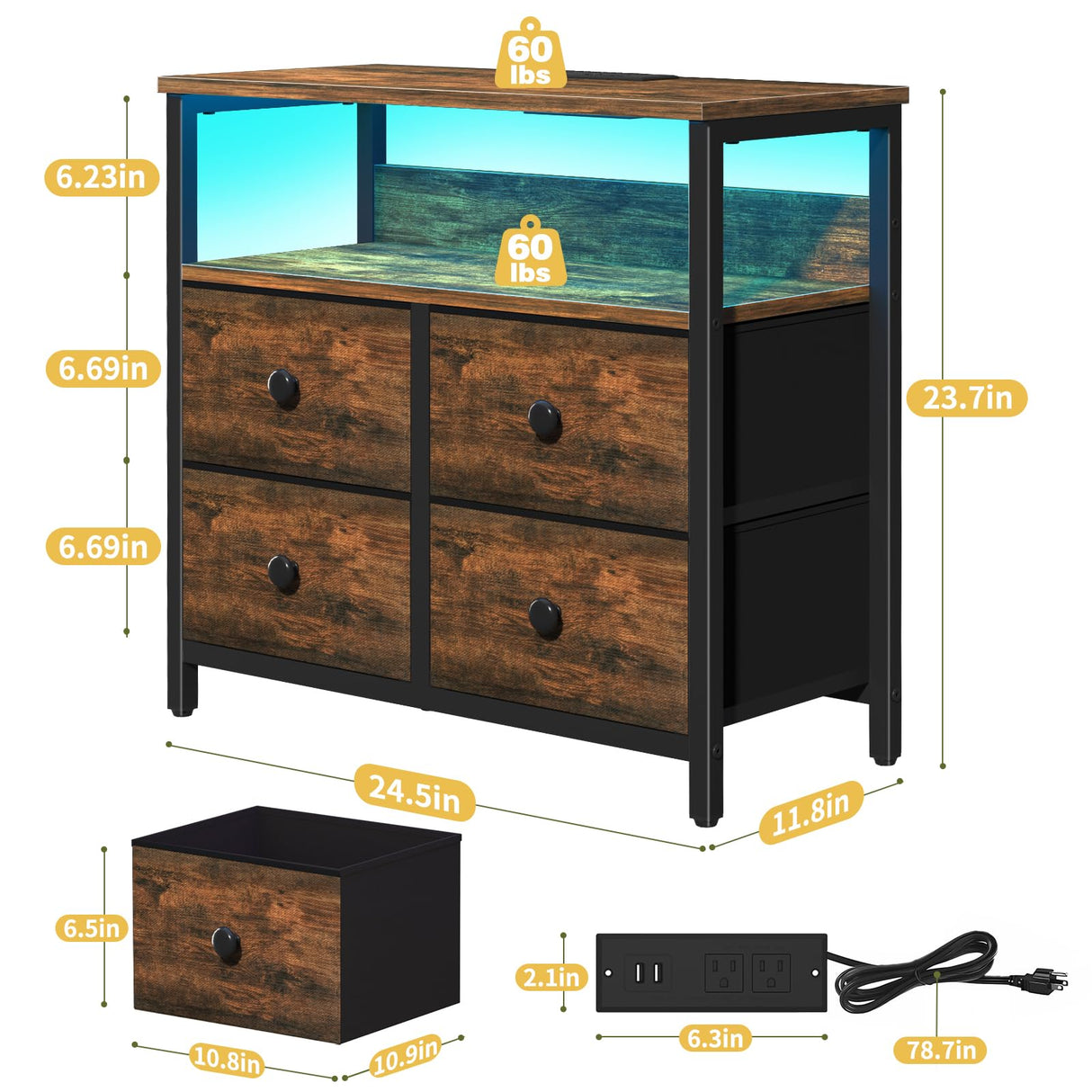 Yoobure Night Stand with Charge Station, Nightstand with 4 Drawers Bedside Table, LED Dresser with Storage Shelf, Night Stands for Bedroom, Side Table 3-Tier Wood End Table for Home Rustic Brown Yoobure