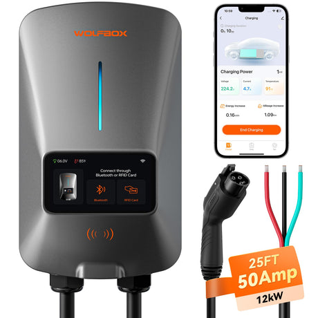 WOLFBOX Level 2 EV Charger 50 Amp - Smart Display, RFID Card, 25ft Cable, Outdoor/Indoor, Hardwired EV Charger Level 2, WiFi Enabled Electric Car Charger, 240V Electric Vehicle Charging Stations WOLFBOX
