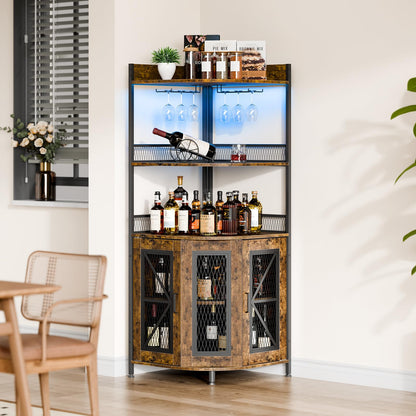 Corner Bar Cabinet with Charge Oult, 5-Tiers Wine Cabinet with LED Light and Glass Holder, Tall Home Liquor Cabinet for Living Room, Corner Display Cabinet for Home