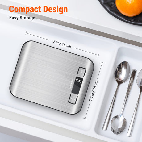 AccuWeight 211 Digital Kitchen Food Scale for Cooking Baking Coffee Scale 5000g by 1g with Tare and LCD Display Food Weight Scale, 8.11×6.42×1.18" Silvery AccuWeight