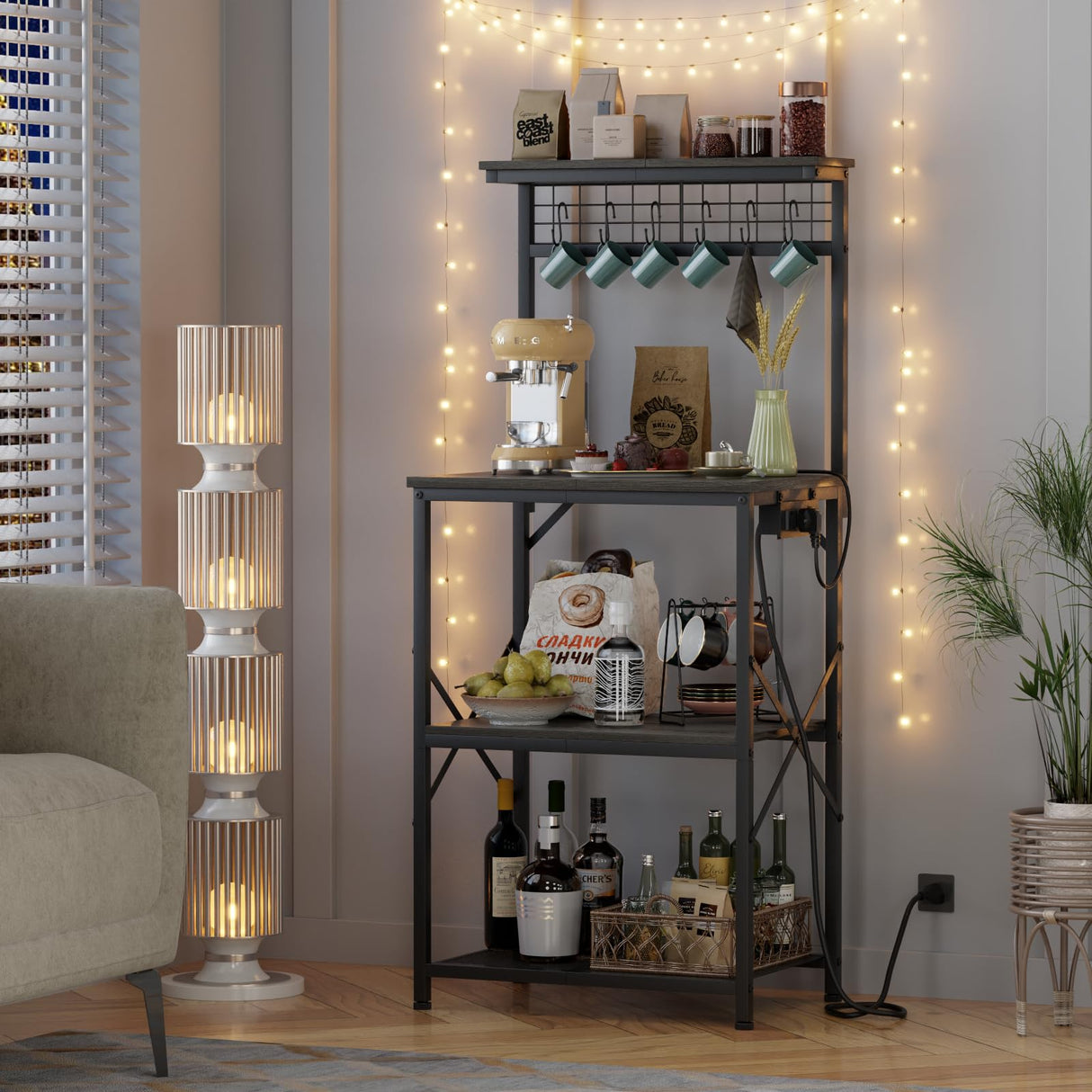 Furologee 4-Tier Kitchen Bakers Rack with Power Outlet & Storage – Black Oak Microwave Stand with S Hooks Furologee