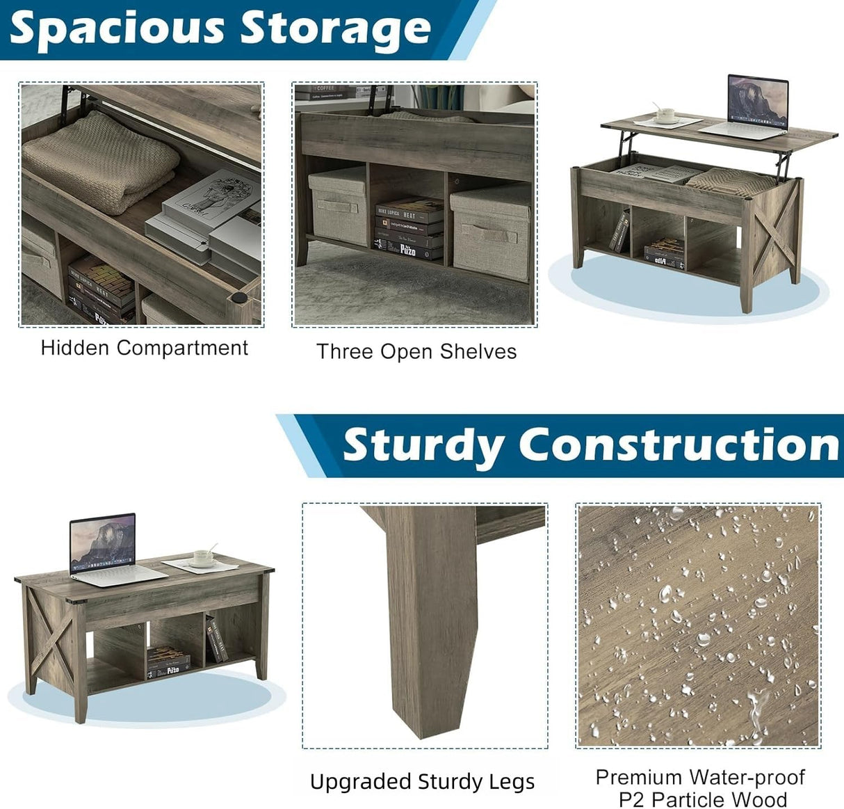 VINGLI Color Upgraded Farmhouse Lift Top Coffee Table, Rustic Grey Coffee Table with Lift Top, Lift Up Pop Up Coffee Table with Storage Shelf/Hidden Compartment, Coffee Table Mesa De Centro para Sala VINGLI