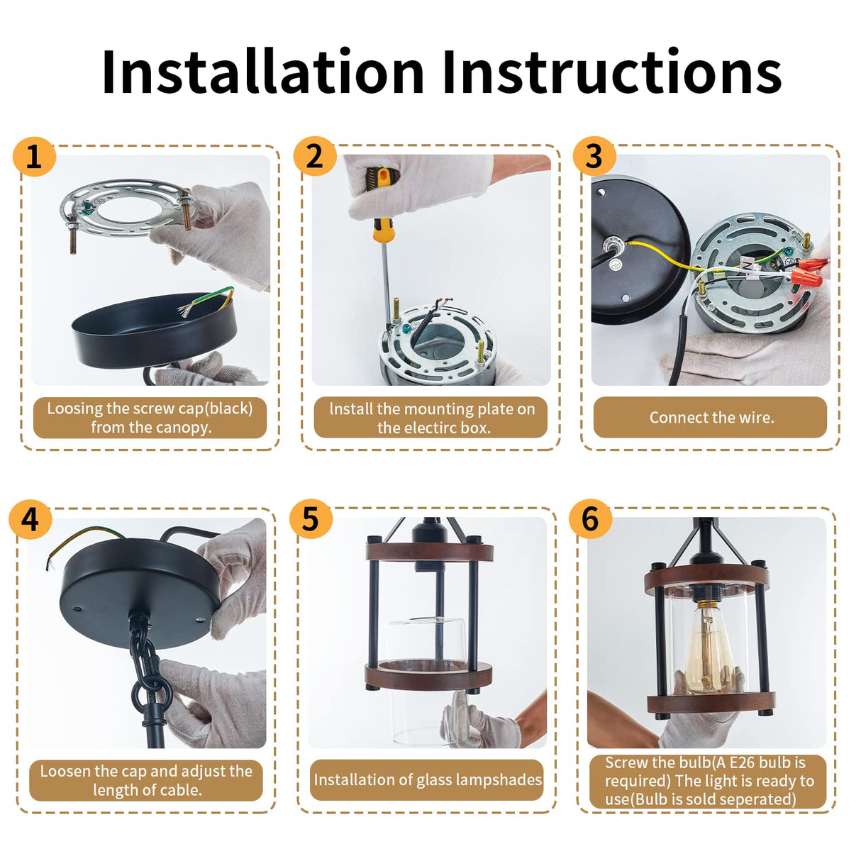 Farmhouse Pendant Light in Wood and Metal Cage, Rustic Brown Wood Pendant Light with Glass, Adjustable Hanging Light Fixtures, Mini Pendant Lighting for Kitchen Island, Hallway, Foyer, 1 Pack Ejerlya