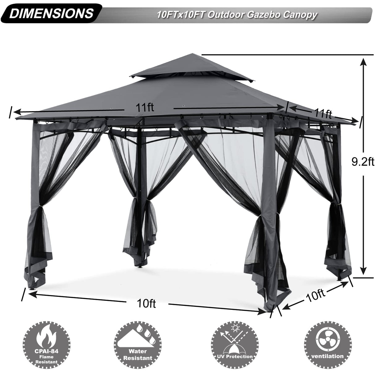 ABCCANOPY Gazebos for Patios 10x10 - Outdoor Steel Frame Gazebo with Mosquito Netting for Lawn Backyard Garden Deck (Dark Gray) ABCCANOPY