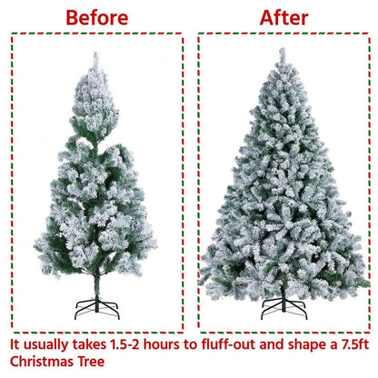 Yaheetech 7.5ft Pre-lit Artificial Christmas Tree W/Incandescent Warm White Lights, Snow Flocked Full Prelighted Xmas Tree W/1284 Branch Tips, 550 Incandescent Lights & Foldable Stand, Green & White