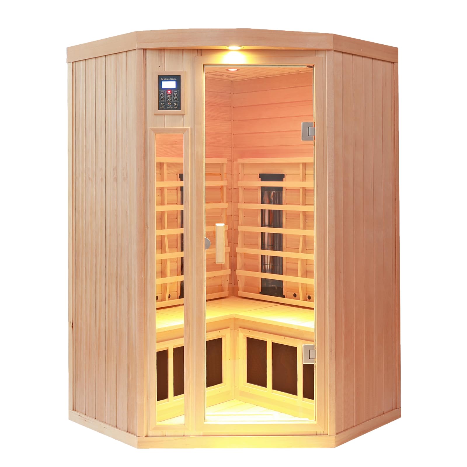 KUNSANA Ceramic Infrared Sauna 2-3 Person Infrared Saunas for Home Low EMF Indoor Home Sauna Spa Hemlock Wooden Corner Sauna Room with Bluetooth Speakers, LED Reading Lamps, Chromotherapy Lig - WoodArtSupply