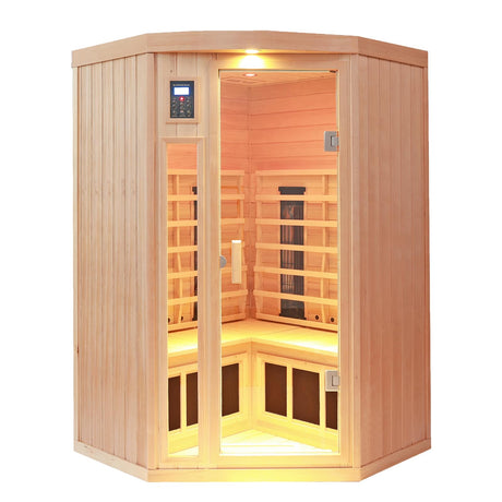 KUNSANA Ceramic Infrared Sauna 2-3 Person Infrared Saunas for Home Low EMF Indoor Home Sauna Spa Hemlock Wooden Corner Sauna Room with Bluetooth Speakers, LED Reading Lamps, Chromotherapy Lights KUNSANA