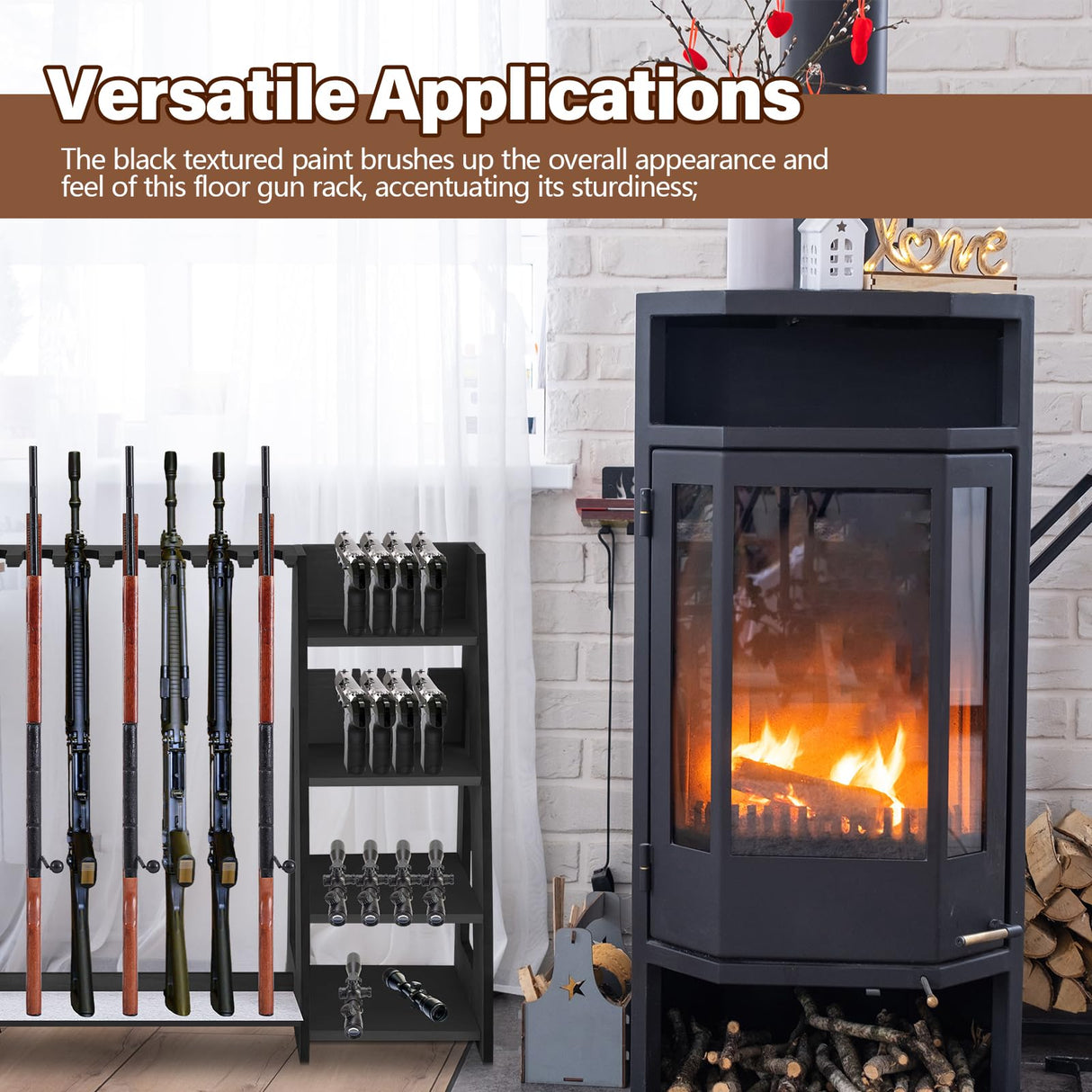 Lineshading Wooden Gun Rack with Holder, Indoor Floor Standing Gun Rack, Gun Display Rack Storage Rack for Home or Garage Gun Storage, Holds 10 Long Guns and 8 Short Guns Lineshading