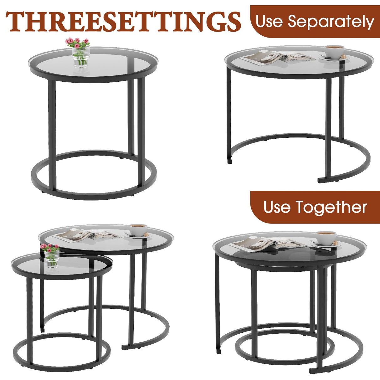 aboxoo Nesting Coffee Table Grey Glass Table Set of 2, Small Round Glass Nesting Tables for Living Room Bedroom, Accent Tea Table with Metal Frame Modern Industrial Simple aboxoo