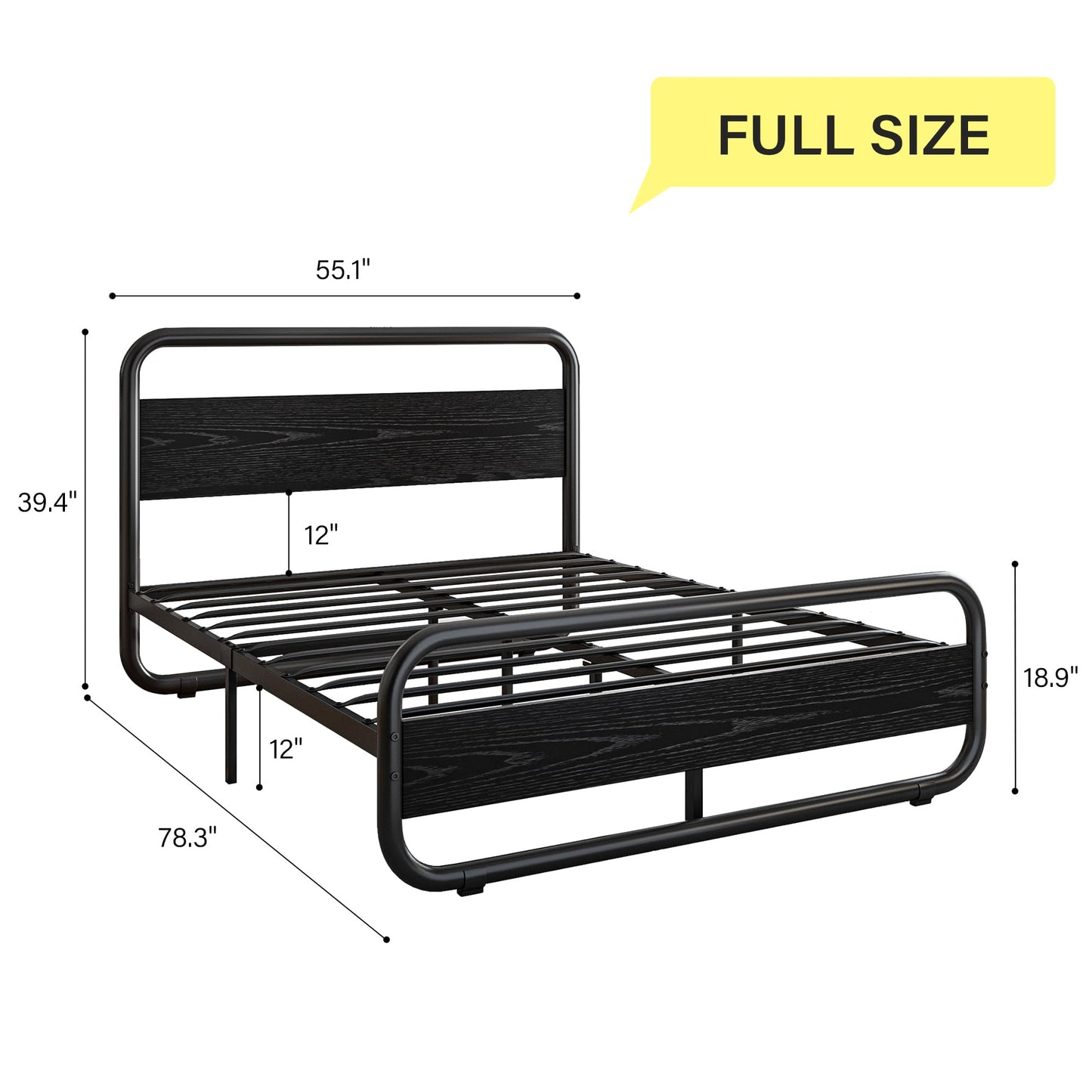 Full Size Bed Frame with Headboard Metal LED Bed Frame Full Size Platform Bed Frame Full Heavy Duty Full Wood Platform Bed Frame Under Bed Storage Noise Free No Box Spring Needed (Black, Full)