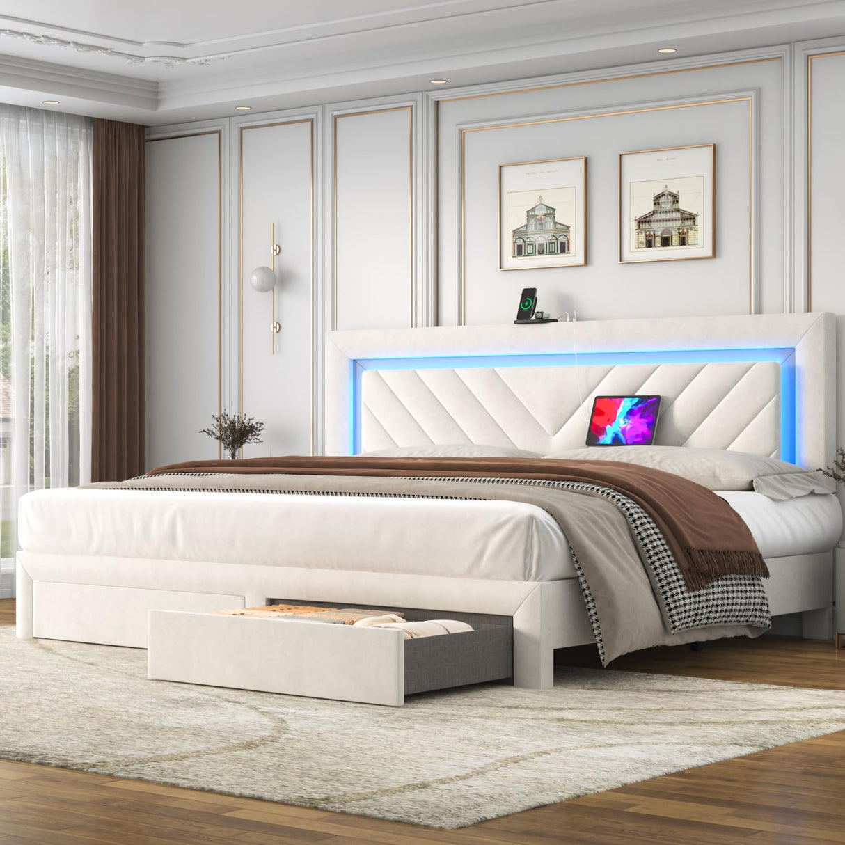 Incyneva Upholstered King Bed Frame with LED Headboard and Storage Drawer, Velvet Platform Bed Frame King Size with Charging Station, Adjustable Headboard, No Box Spring Needed, Off White Incyneva