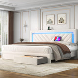 Incyneva Upholstered King Bed Frame with LED Headboard and Storage Drawer, Velvet Platform Bed Frame King Size with Charging Station, Adjustable Headboard, No Box Spring Needed, Off White Incyneva