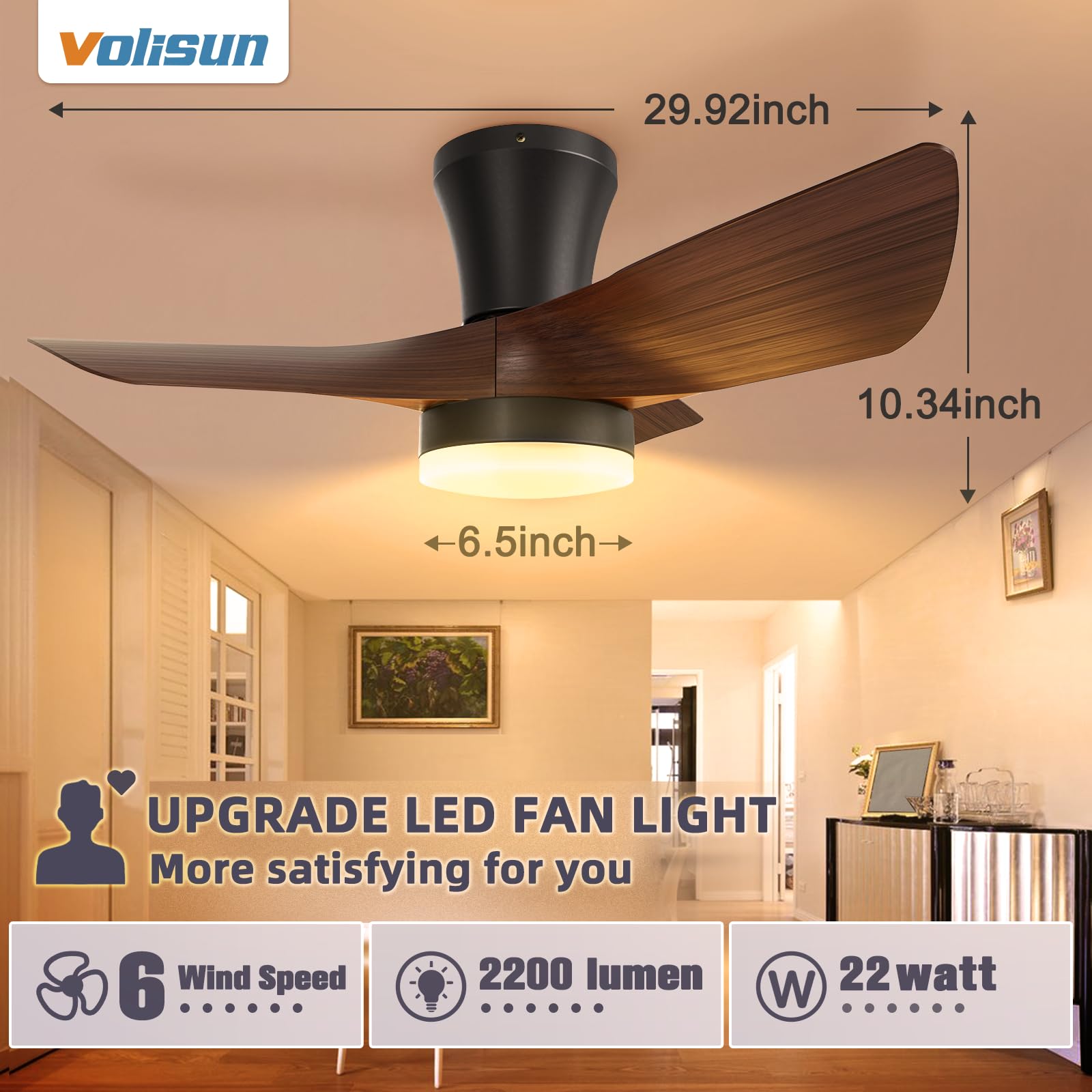 VOLISUN 30in Small Ceiling Fans with Lights, Flush Mount Ceiling Fan with Light and Remote, 3CCT Dimmable Low Profile Ceiling Fan with Light, LED Ceiling Fan with Light for Bedroom, Living Ro - WoodArtSupply