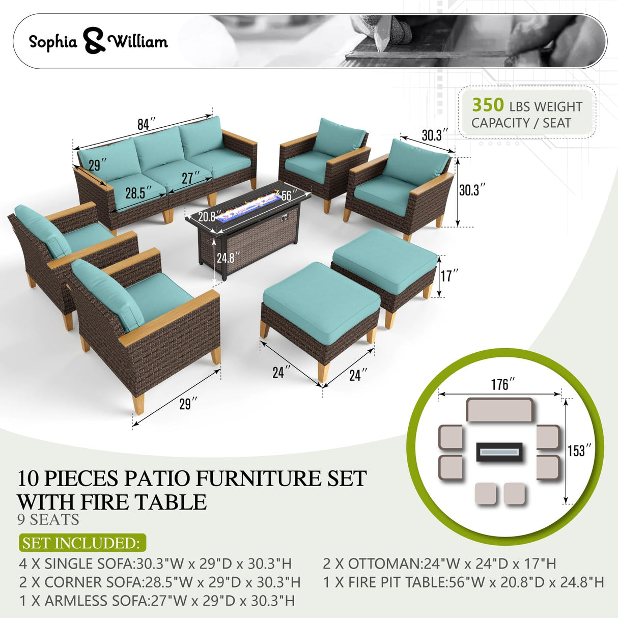 Sophia & William Patio Furniture Set with Fire Pit Table, 10 Piece Outdoor Wicker Furniture Sectional Sofa, Extra Large Patio Rattan Conversation Set with Ottoman & 56" Fire Pit Table(Aqua Blue) Sophia & William